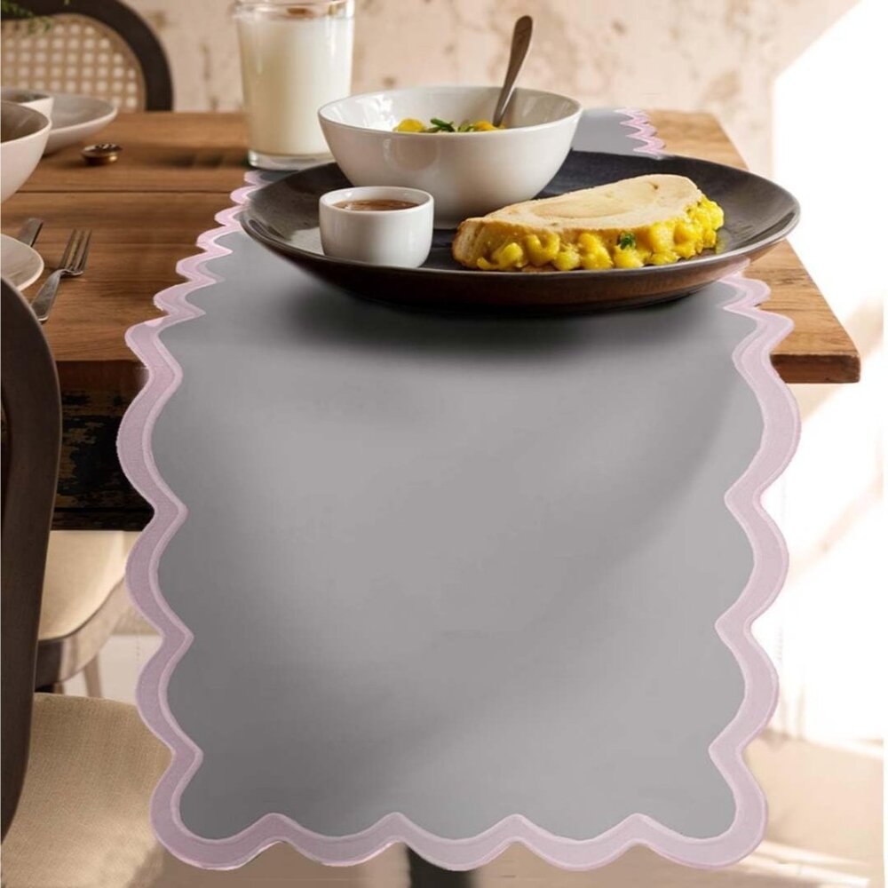 Folklure 14" X 72" Scallop Table Runner Cotton Lilac Mist Farmhouse‎ India NEW